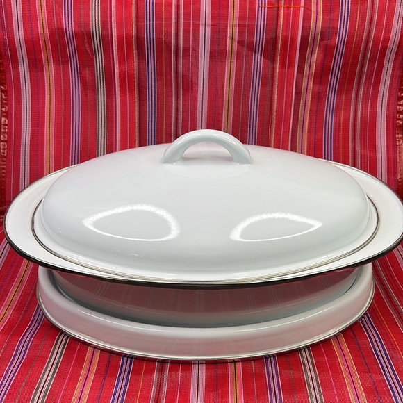 3 Piece Enamel Roasting Pan Table Protecting Base Plate Tureen Farmhouse Roaster - Picture 5 of 10